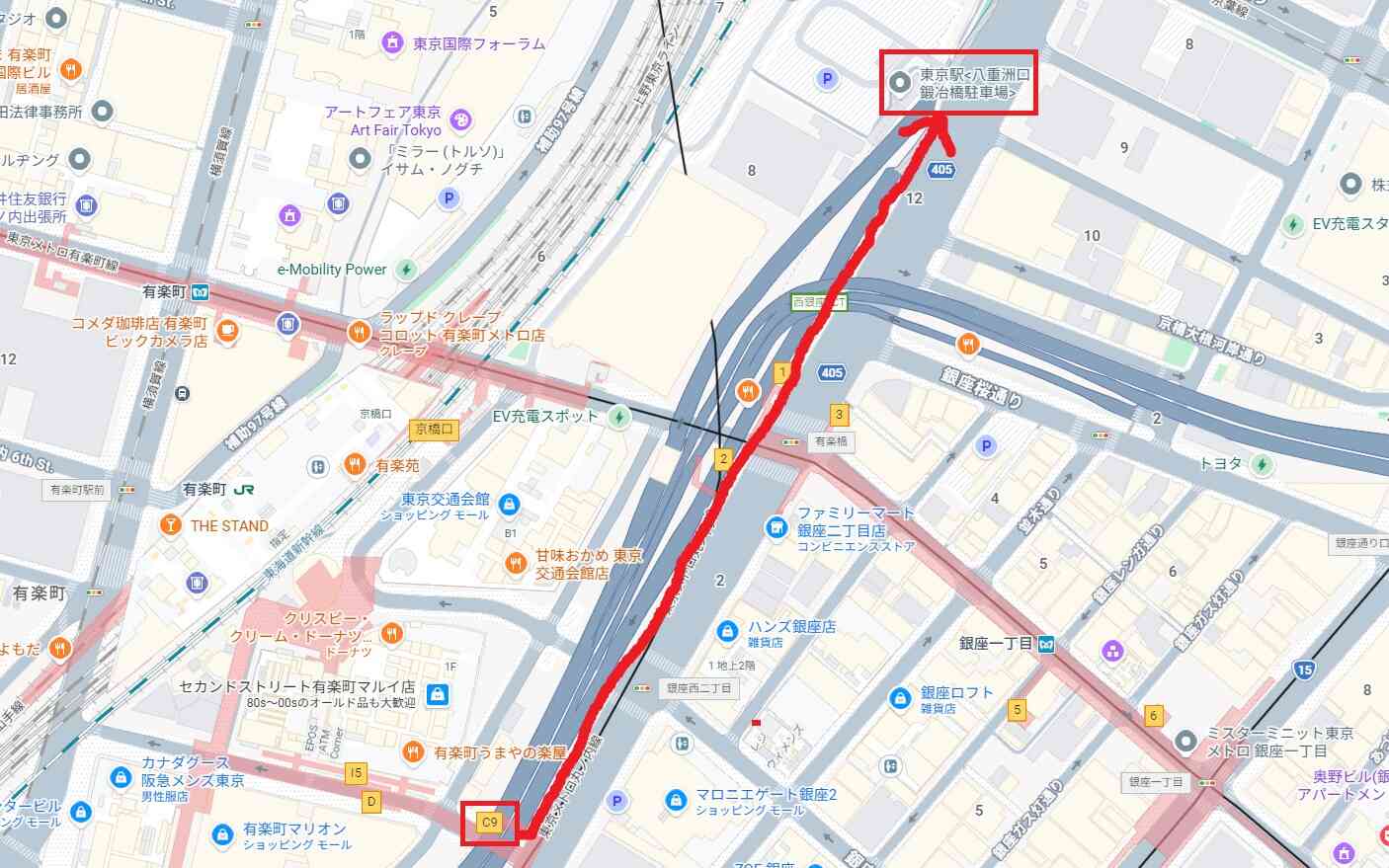 銀座駅：出口Ｃ９から鍛冶橋駐車場（マップ）